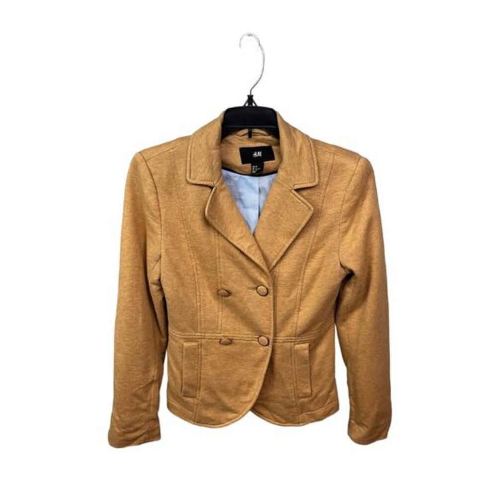 H&M Jacket Womens 6 Double Breasted Cotton Career short Blazer Tan Button front